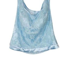 LT Lanting Womens Blouse Blue Floral Lace Satin Padded Sleeveless